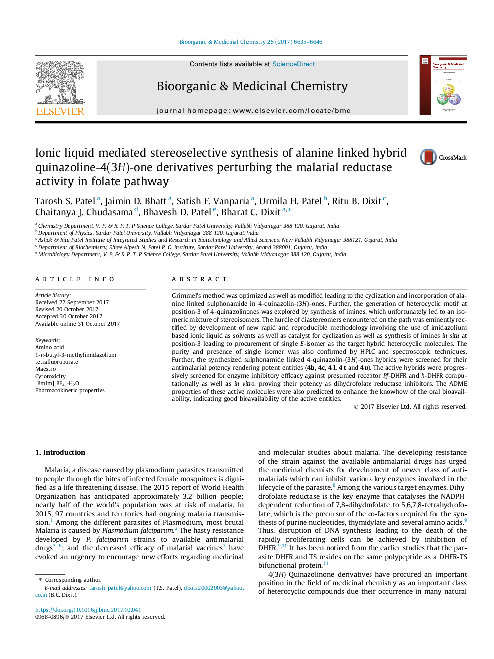 Ionic liquid mediated stereoselective synthesis of alanine linked hybrid quinazoline-4(3H)-one derivatives perturbing the malarial reductase activity in folate pathway