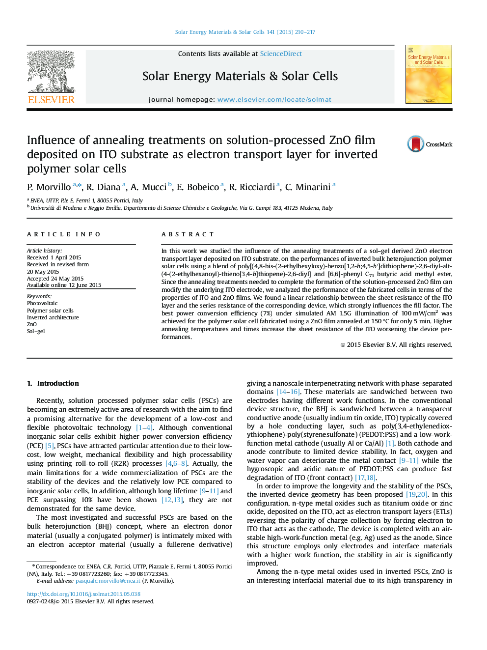 Influence of annealing treatments on solution-processed ZnO film deposited on ITO substrate as electron transport layer for inverted polymer solar cells