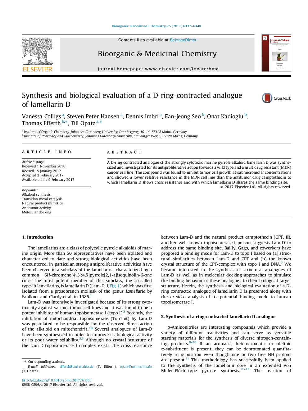 Synthesis and biological evaluation of a D-ring-contracted analogue of lamellarin D