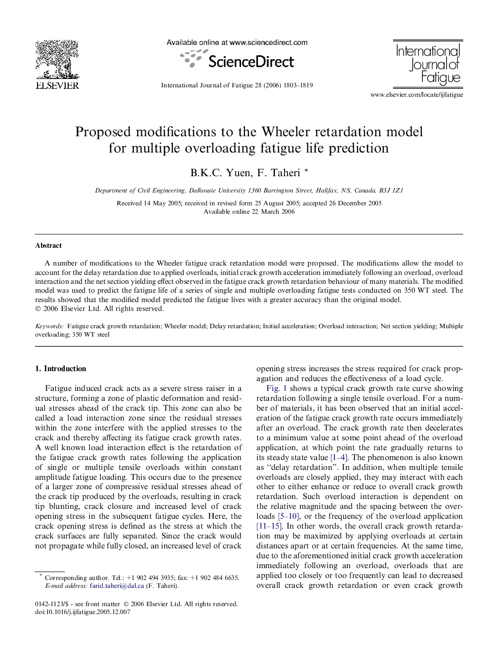 Proposed modifications to the Wheeler retardation model for multiple overloading fatigue life prediction