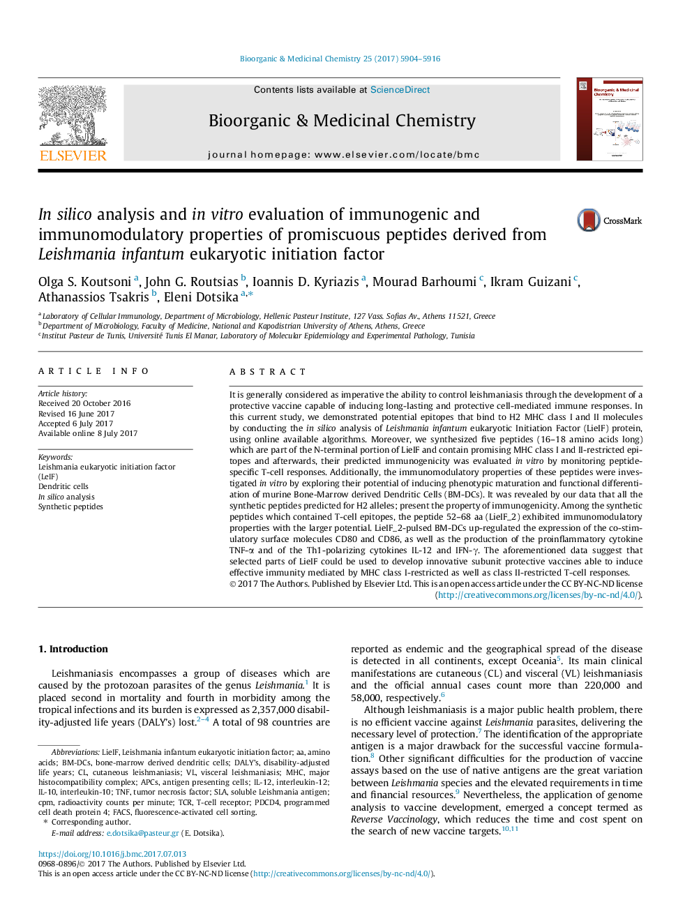 In silico analysis and in vitro evaluation of immunogenic and immunomodulatory properties of promiscuous peptides derived from Leishmania infantum eukaryotic initiation factor