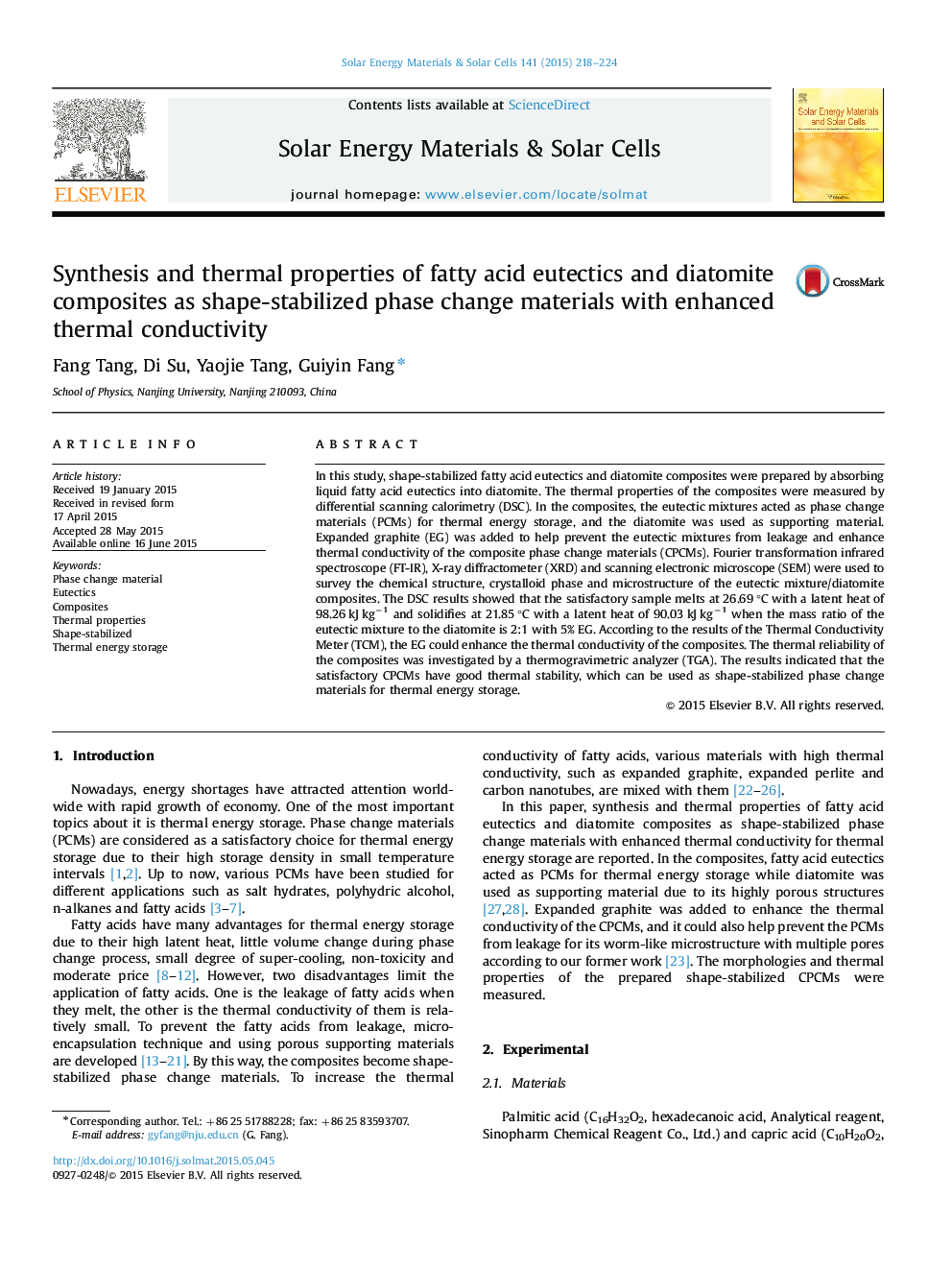 Synthesis and thermal properties of fatty acid eutectics and diatomite composites as shape-stabilized phase change materials with enhanced thermal conductivity