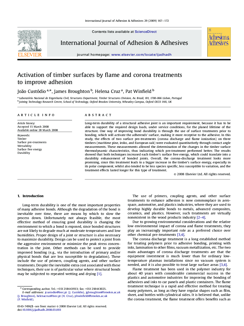 Activation of timber surfaces by flame and corona treatments to improve adhesion