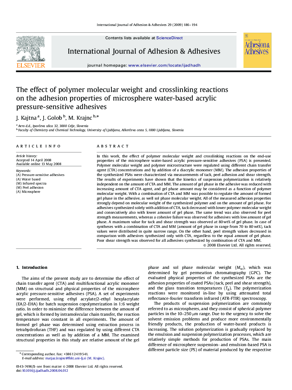 The effect of polymer molecular weight and crosslinking reactions on the adhesion properties of microsphere water-based acrylic pressure-sensitive adhesives