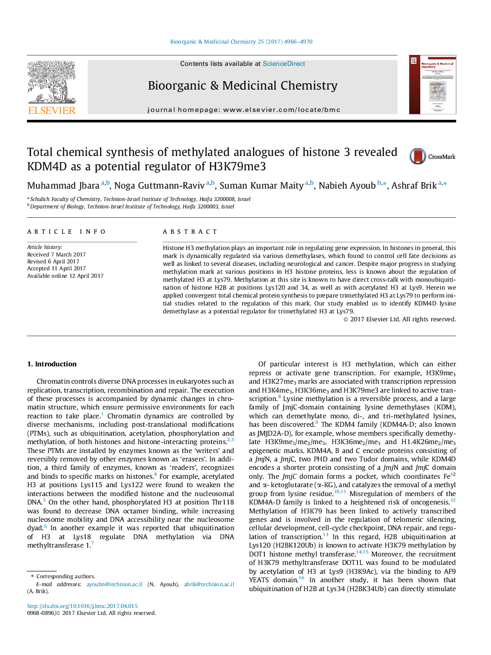 عکس صفحه اول مقاله: Total chemical synthesis of methylated analogues of histone 3 revealed KDM4D as a potential regulator of H3K79me3 Total chemical synthesis of methylated analogues of histone 3 revealed KDM4D as a potential regulator of H3K79me3