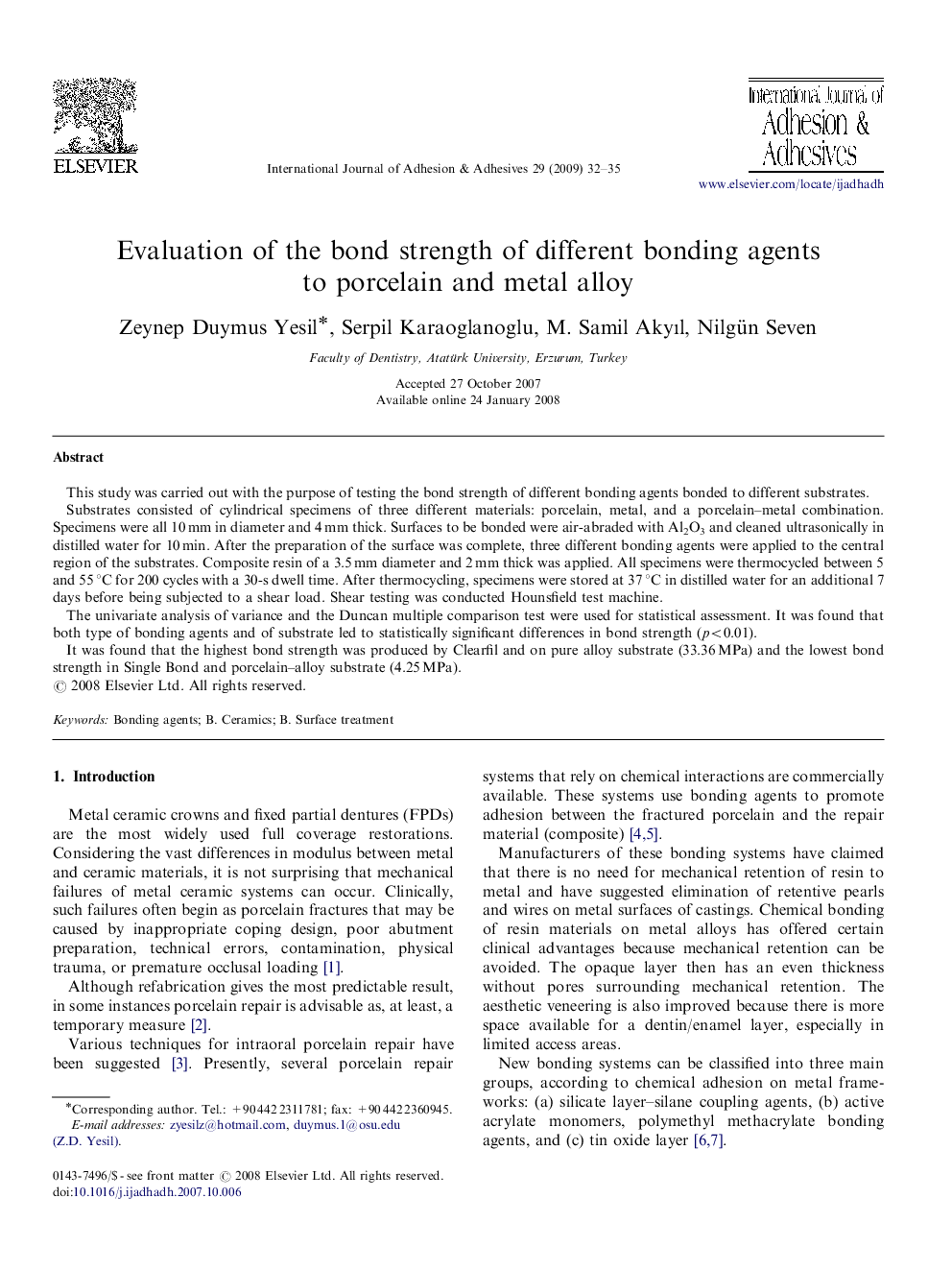 Evaluation of the bond strength of different bonding agents to porcelain and metal alloy