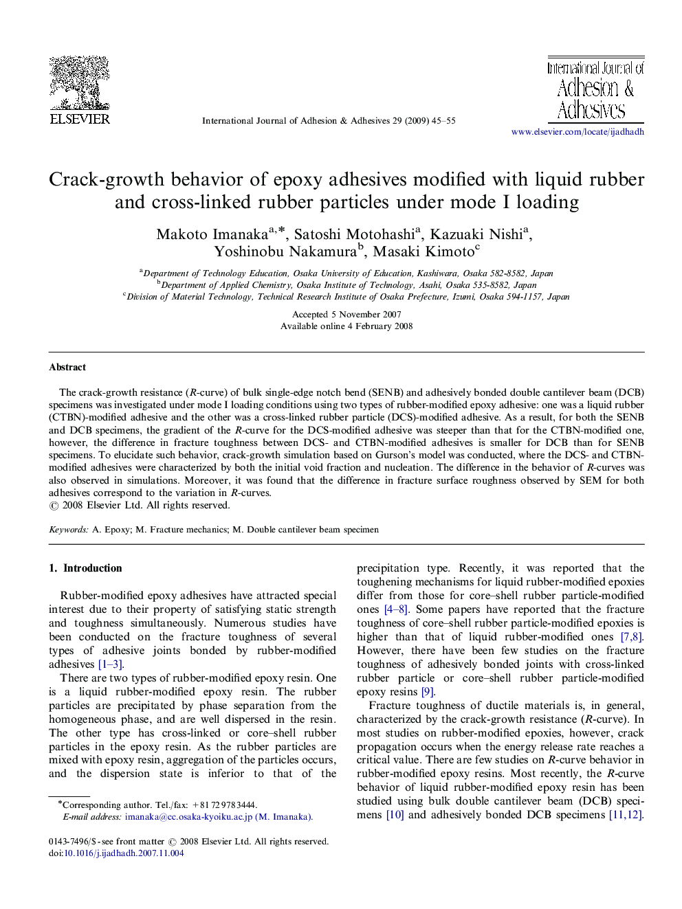 Crack-growth behavior of epoxy adhesives modified with liquid rubber and cross-linked rubber particles under mode I loading