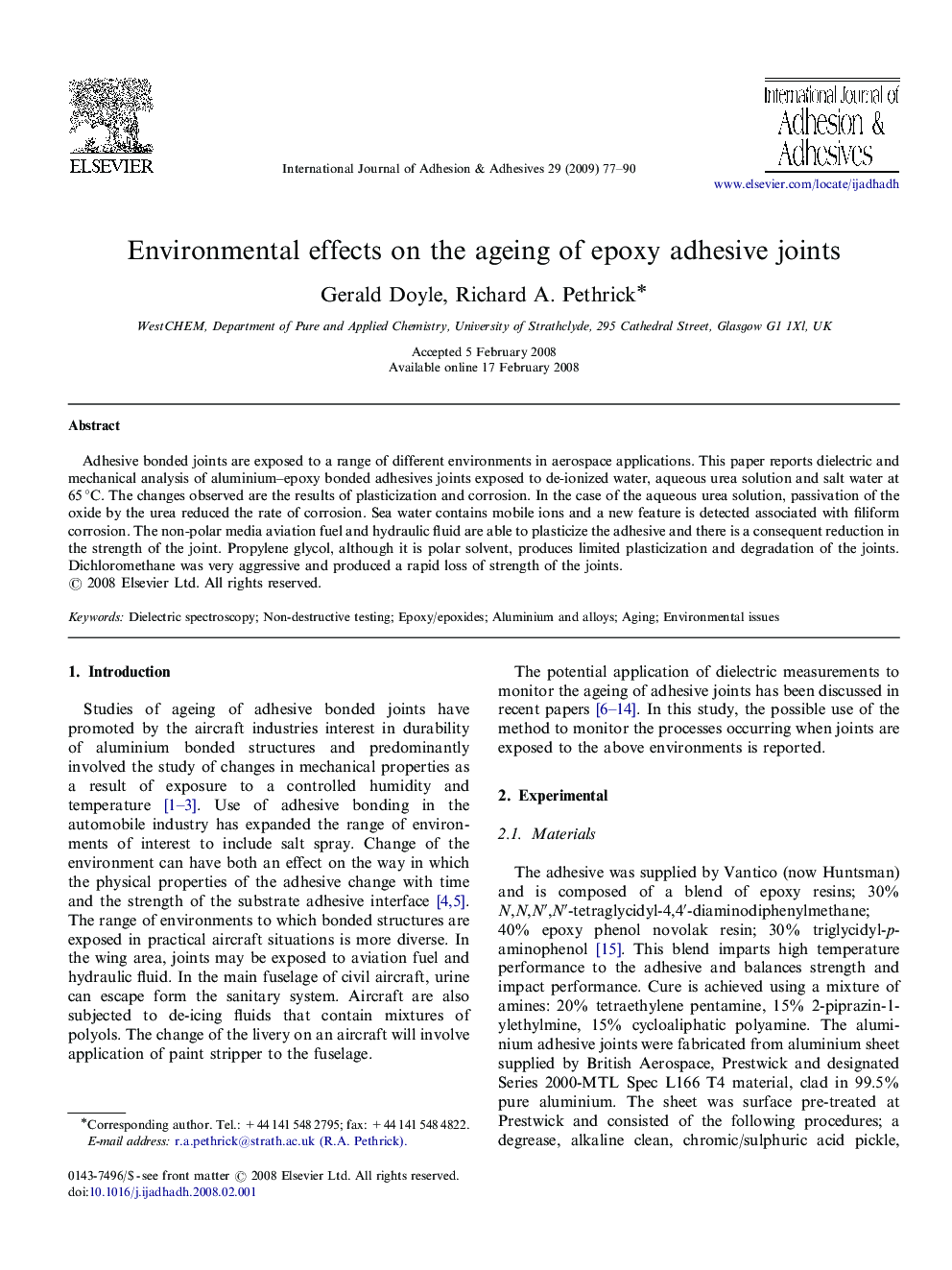 Environmental effects on the ageing of epoxy adhesive joints