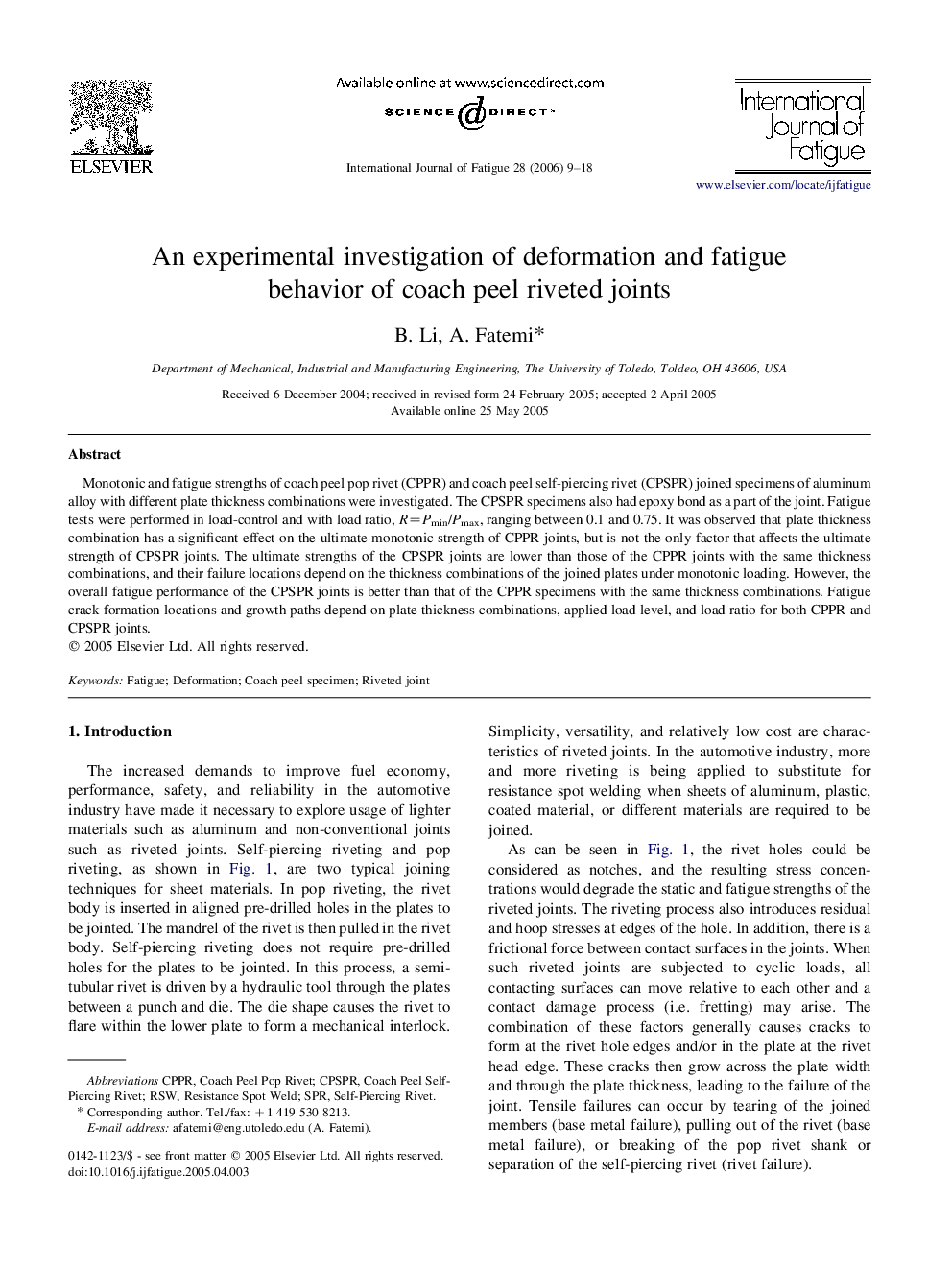 An experimental investigation of deformation and fatigue behavior of coach peel riveted joints