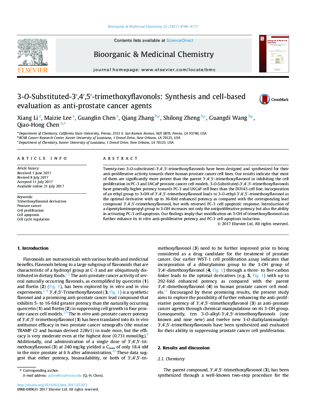 عکس صفحه اول مقاله: 3-O-Substituted-3â²,4â²,5â²-trimethoxyflavonols: Synthesis and cell-based evaluation as anti-prostate cancer agents 3-O-Substituted-3â²,4â²,5â²-trimethoxyflavonols: Synthesis and cell-based evaluation as anti-prostate cancer agents
