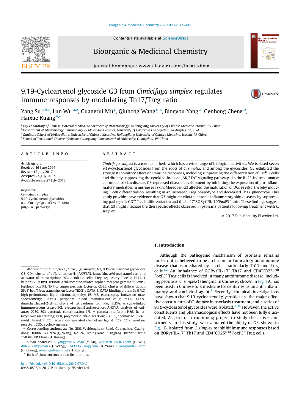 عکس صفحه اول مقاله: 9,19-Cycloartenol glycoside G3 from Cimicifuga simplex regulates immune responses by modulating Th17/Treg ratio 9,19-Cycloartenol glycoside G3 from Cimicifuga simplex regulates immune responses by modulating Th17/Treg ratio