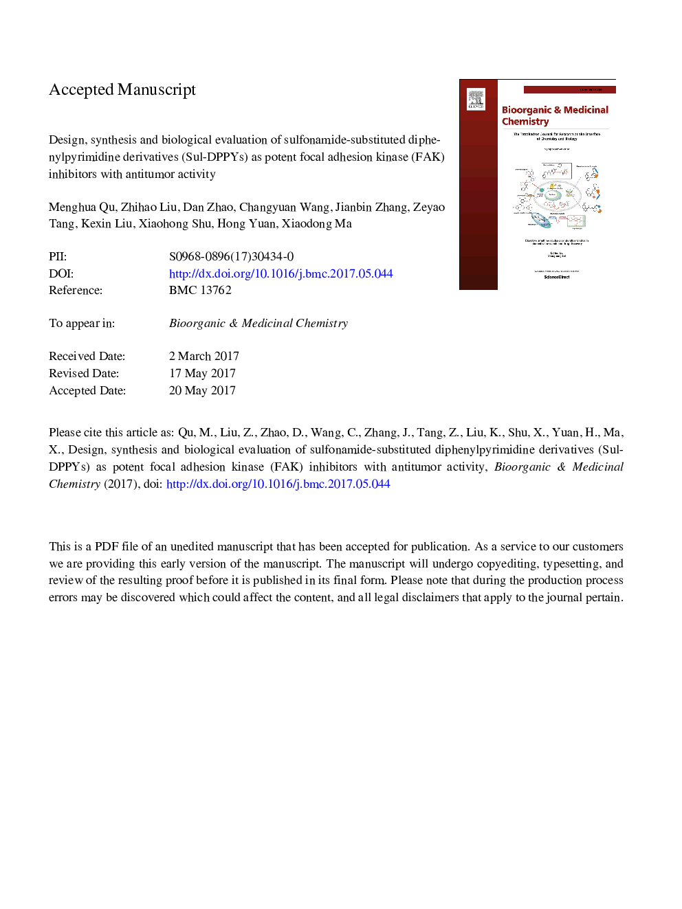 Design, synthesis and biological evaluation of sulfonamide-substituted diphenylpyrimidine derivatives (Sul-DPPYs) as potent focal adhesion kinase (FAK) inhibitors with antitumor activity