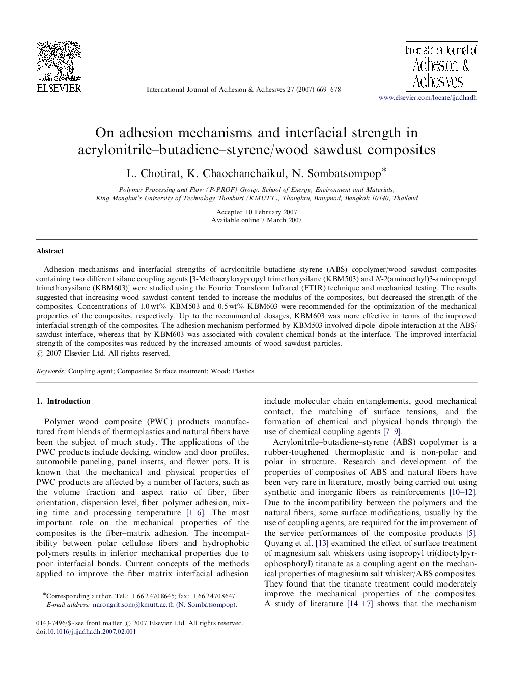 On adhesion mechanisms and interfacial strength in acrylonitrile–butadiene–styrene/wood sawdust composites