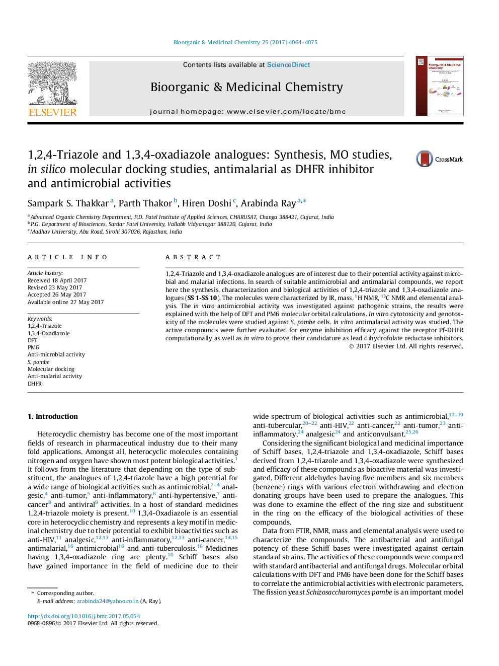 1,2,4-Triazole and 1,3,4-oxadiazole analogues: Synthesis, MO studies, in silico molecular docking studies, antimalarial as DHFR inhibitor and antimicrobial activities