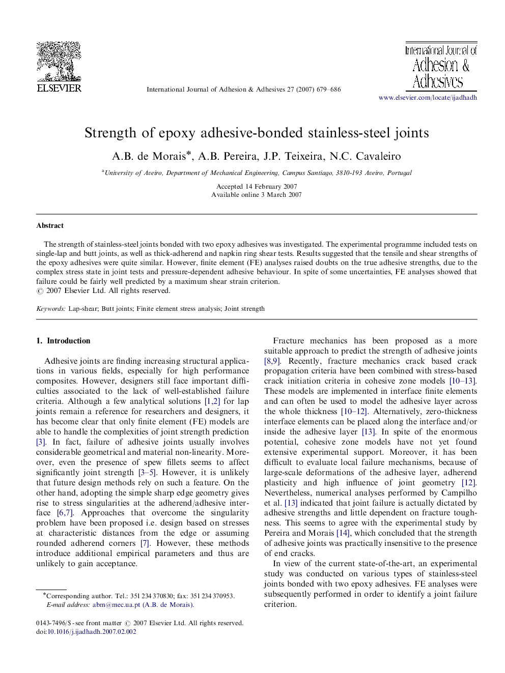 Strength of epoxy adhesive-bonded stainless-steel joints