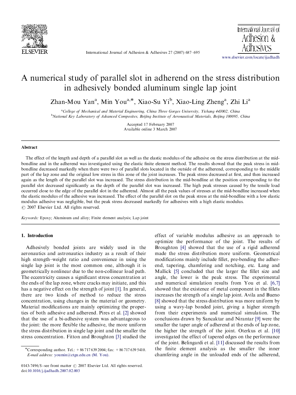 A numerical study of parallel slot in adherend on the stress distribution in adhesively bonded aluminum single lap joint