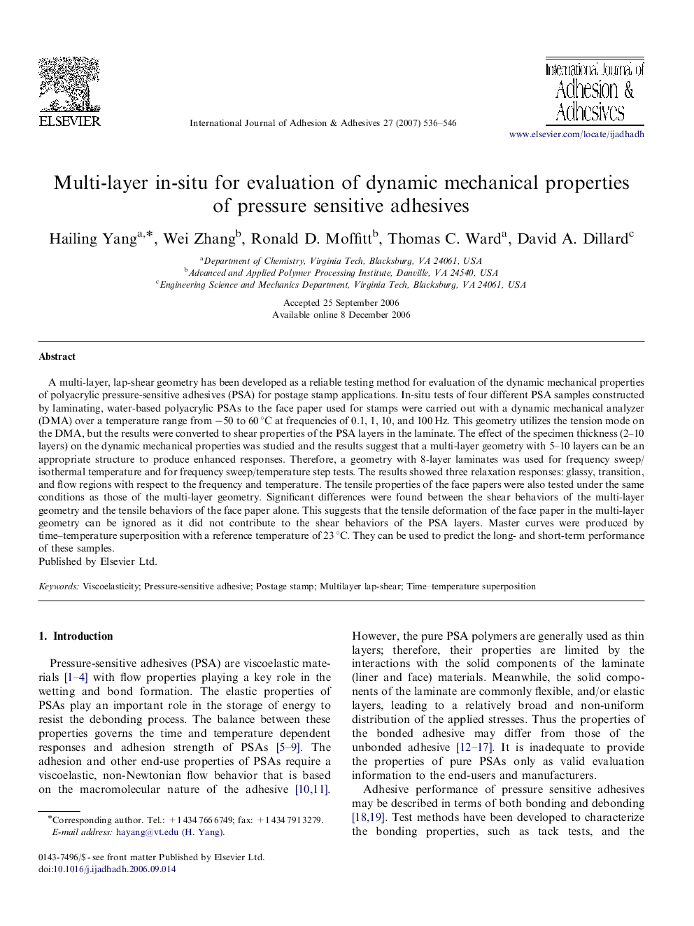 Multi-layer in-situ for evaluation of dynamic mechanical properties of pressure sensitive adhesives