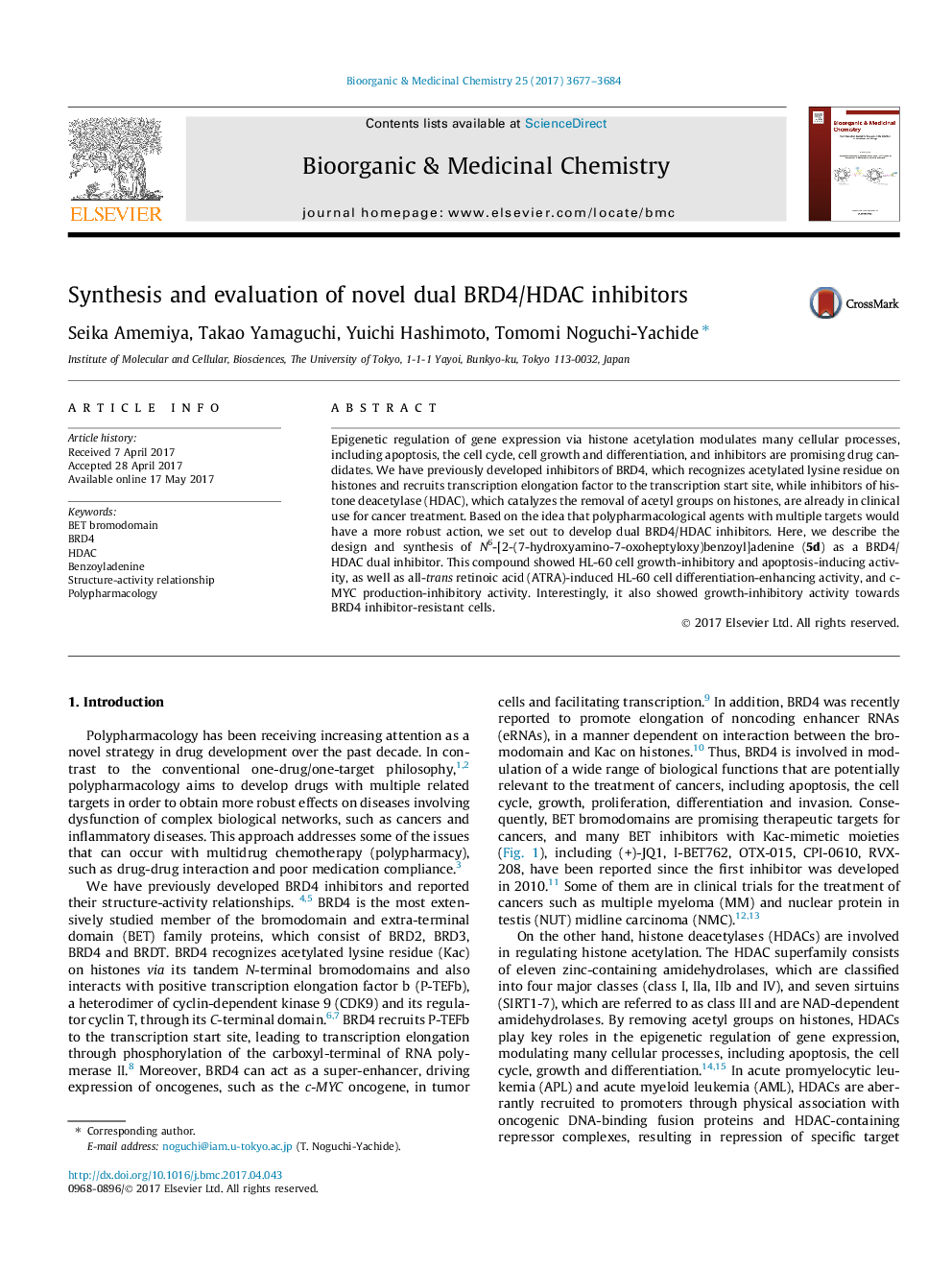 Synthesis and evaluation of novel dual BRD4/HDAC inhibitors