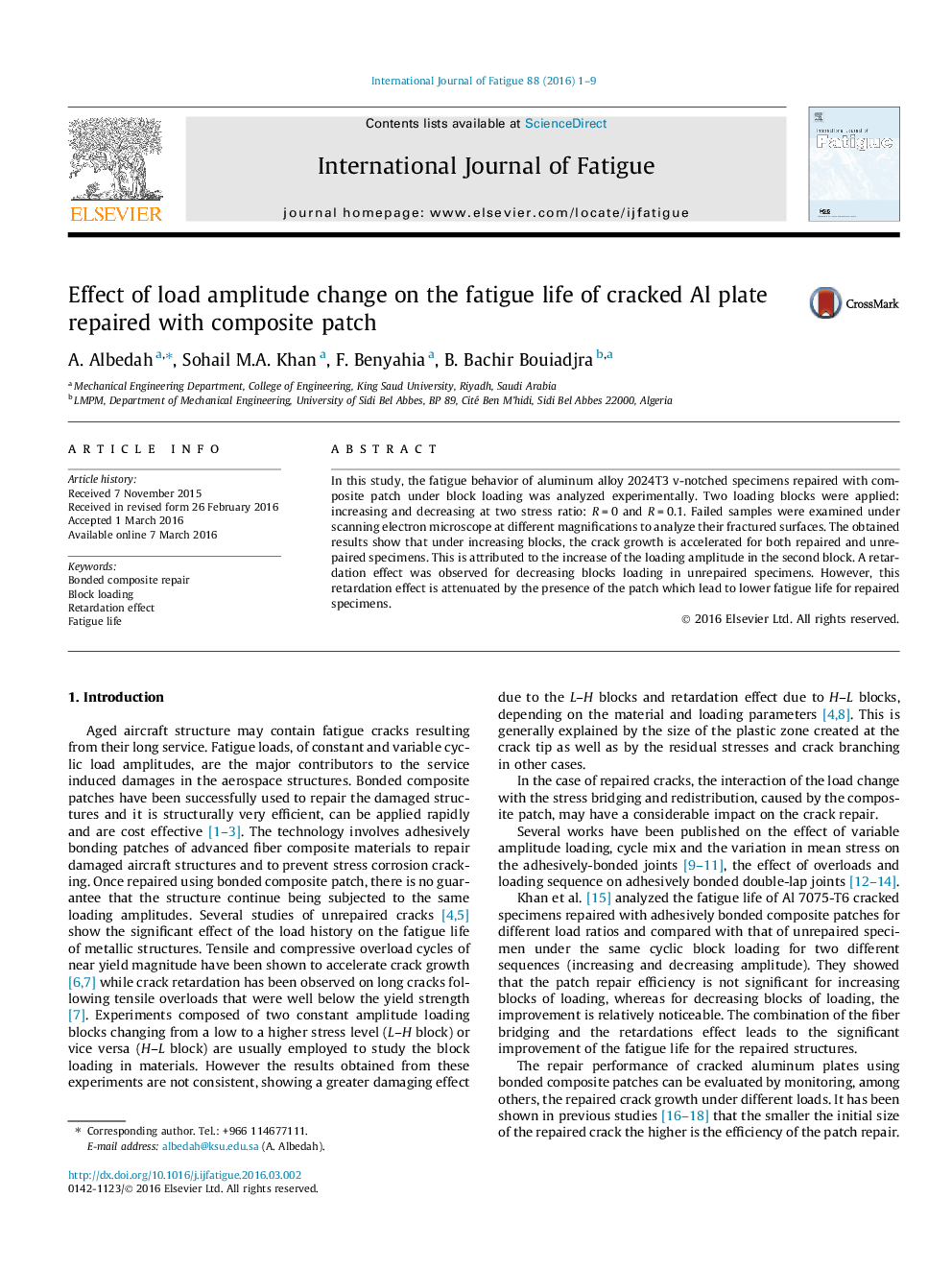 Effect of load amplitude change on the fatigue life of cracked Al plate repaired with composite patch