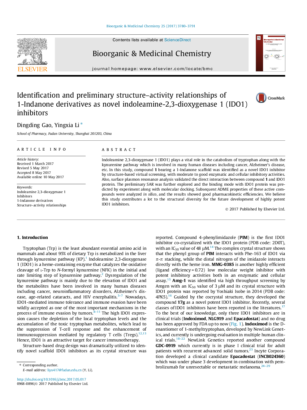 Identification and preliminary structure-activity relationships of 1-Indanone derivatives as novel indoleamine-2,3-dioxygenase 1 (IDO1) inhibitors