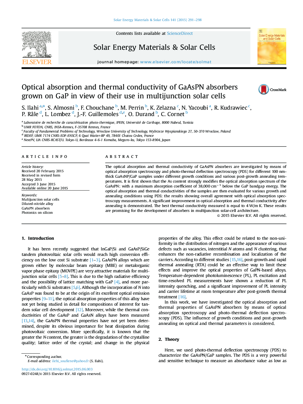 Optical absorption and thermal conductivity of GaAsPN absorbers grown on GaP in view of their use in multijunction solar cells