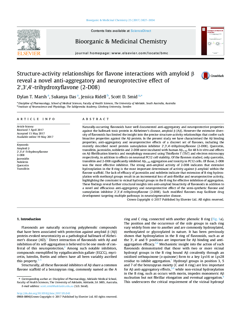 Structure-activity relationships for flavone interactions with amyloid Î² reveal a novel anti-aggregatory and neuroprotective effect of 2â²,3â²,4â²-trihydroxyflavone (2-D08)