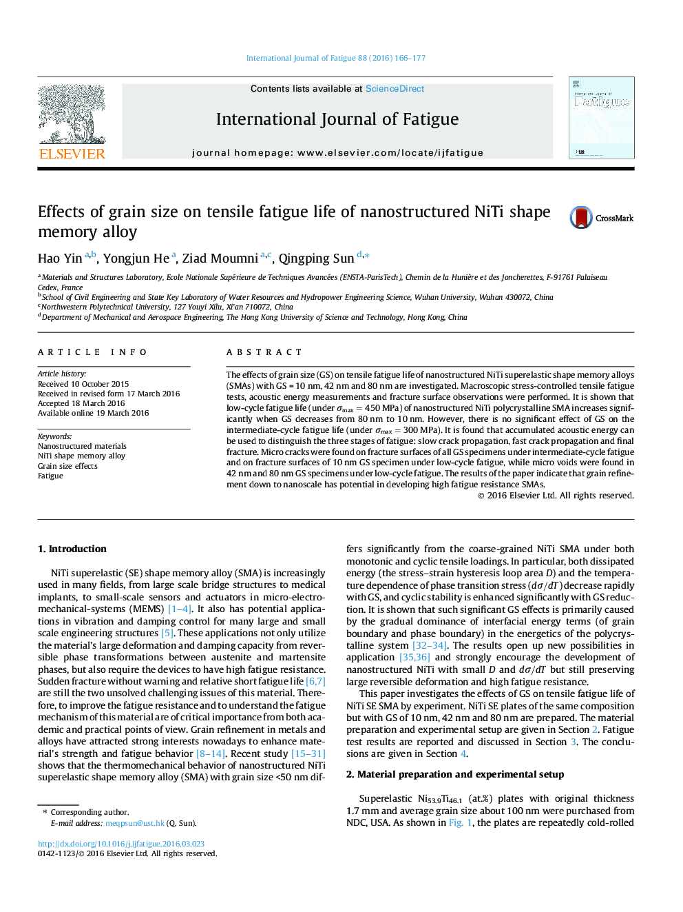 Effects of grain size on tensile fatigue life of nanostructured NiTi shape memory alloy