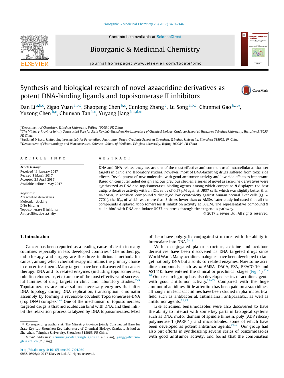 Synthesis and biological research of novel azaacridine derivatives as potent DNA-binding ligands and topoisomerase II inhibitors