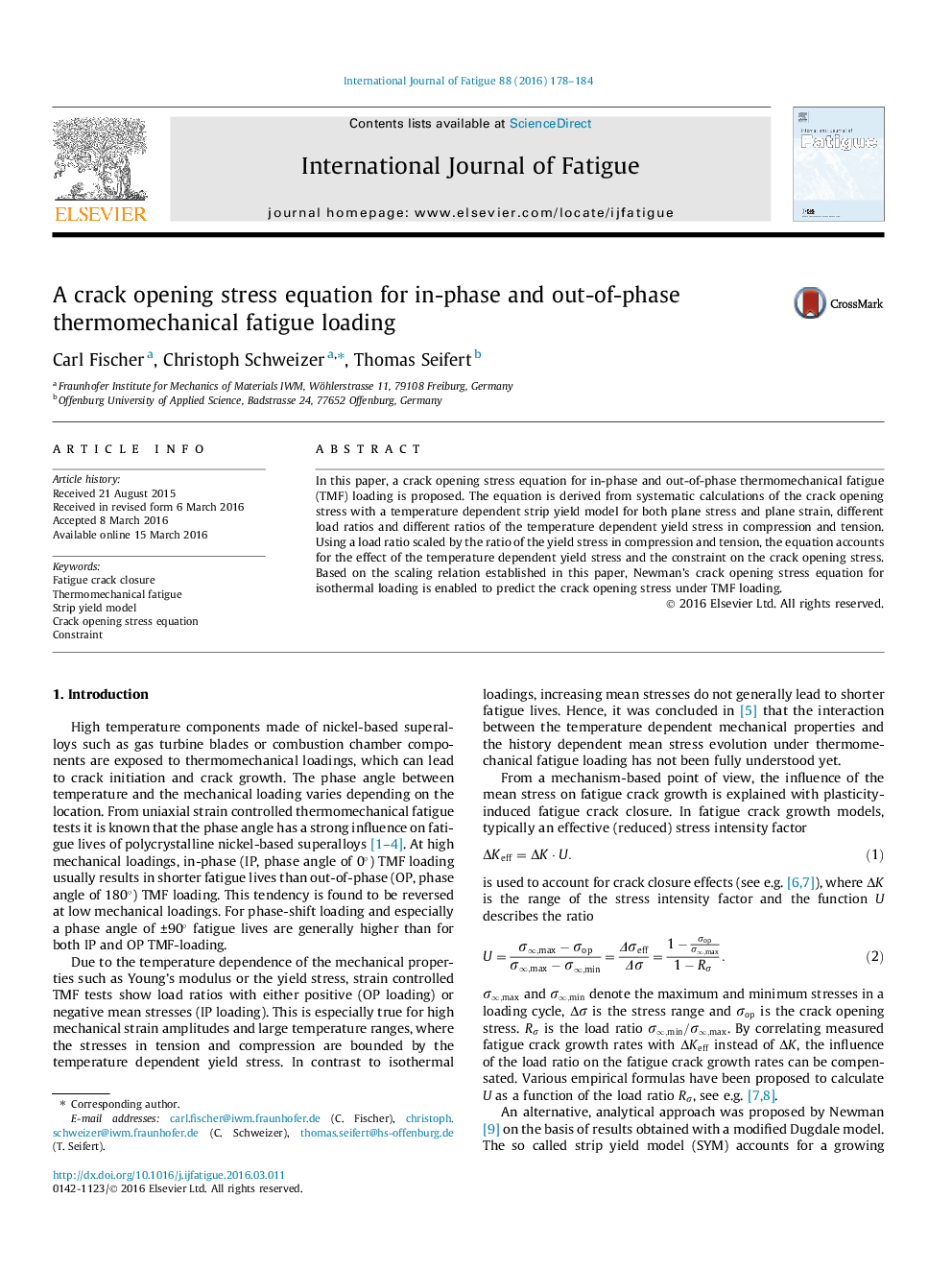 A crack opening stress equation for in-phase and out-of-phase thermomechanical fatigue loading