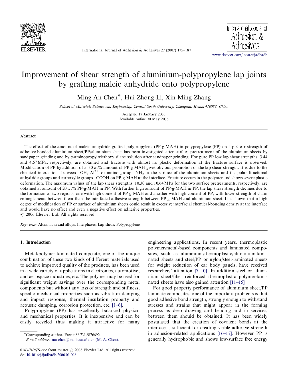 Improvement of shear strength of aluminium-polypropylene lap joints by grafting maleic anhydride onto polypropylene