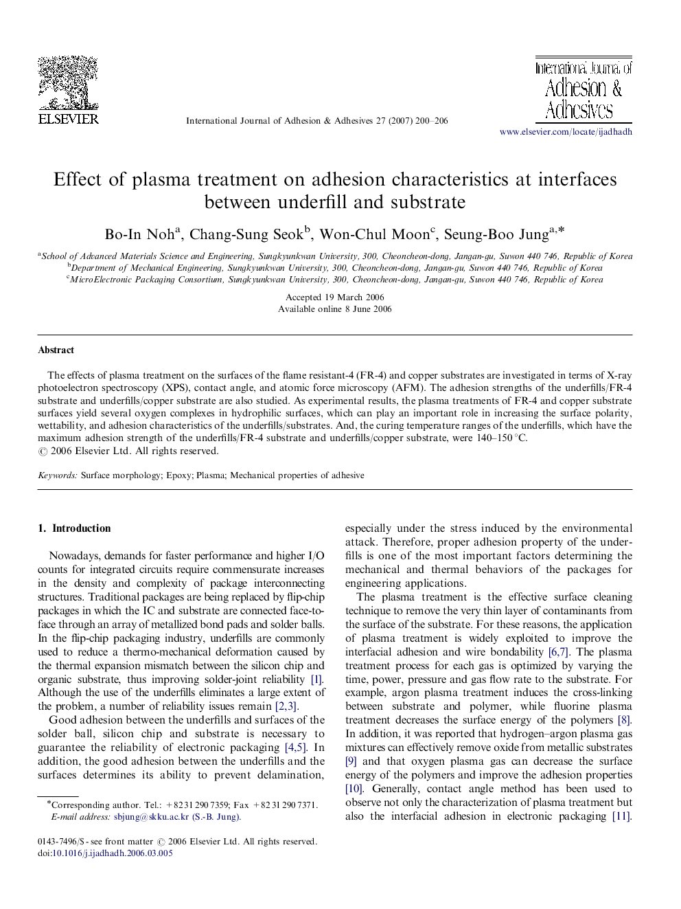 Effect of plasma treatment on adhesion characteristics at interfaces between underfill and substrate