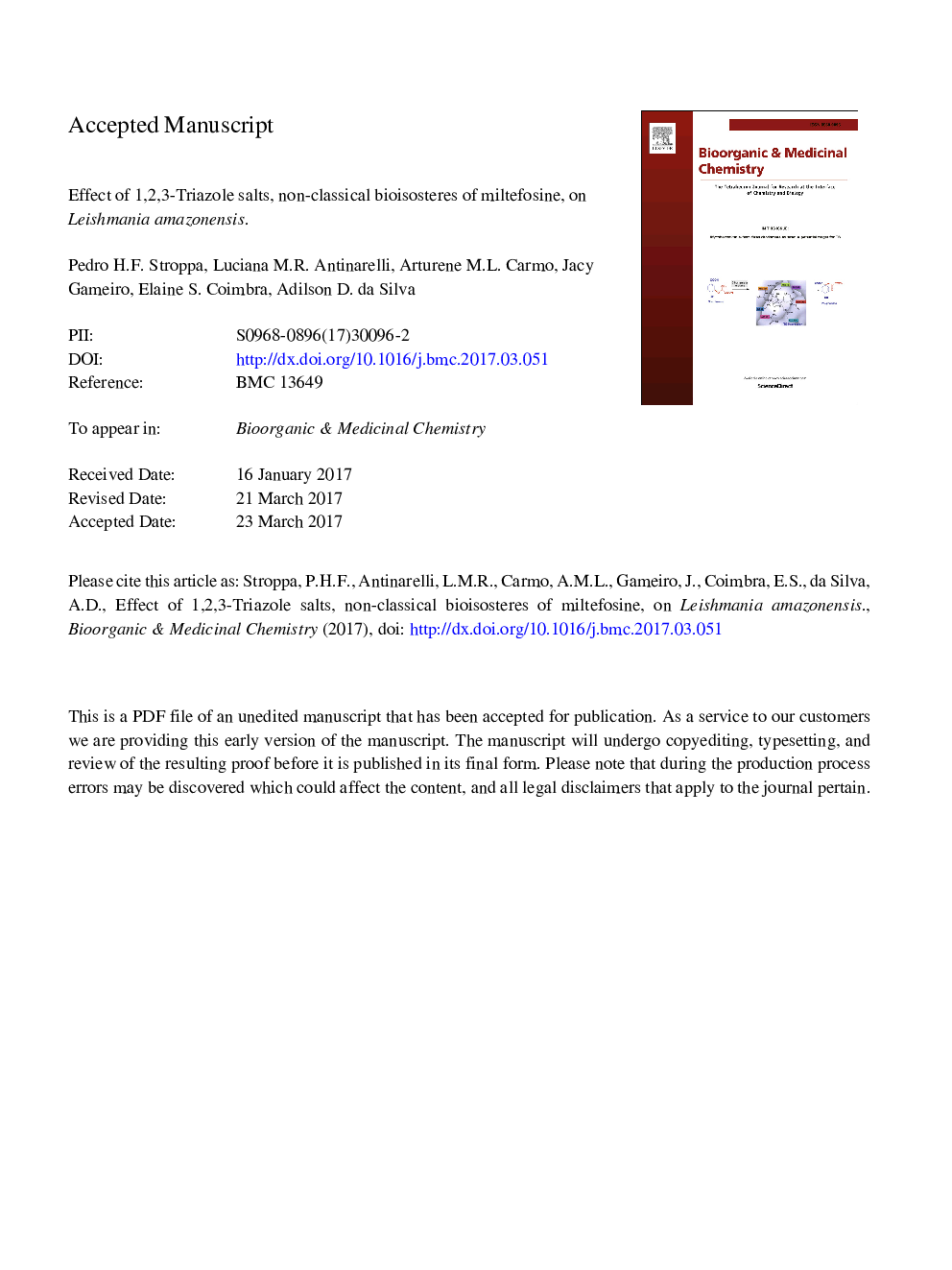 Effect of 1,2,3-triazole salts, non-classical bioisosteres of miltefosine, on Leishmania amazonensis