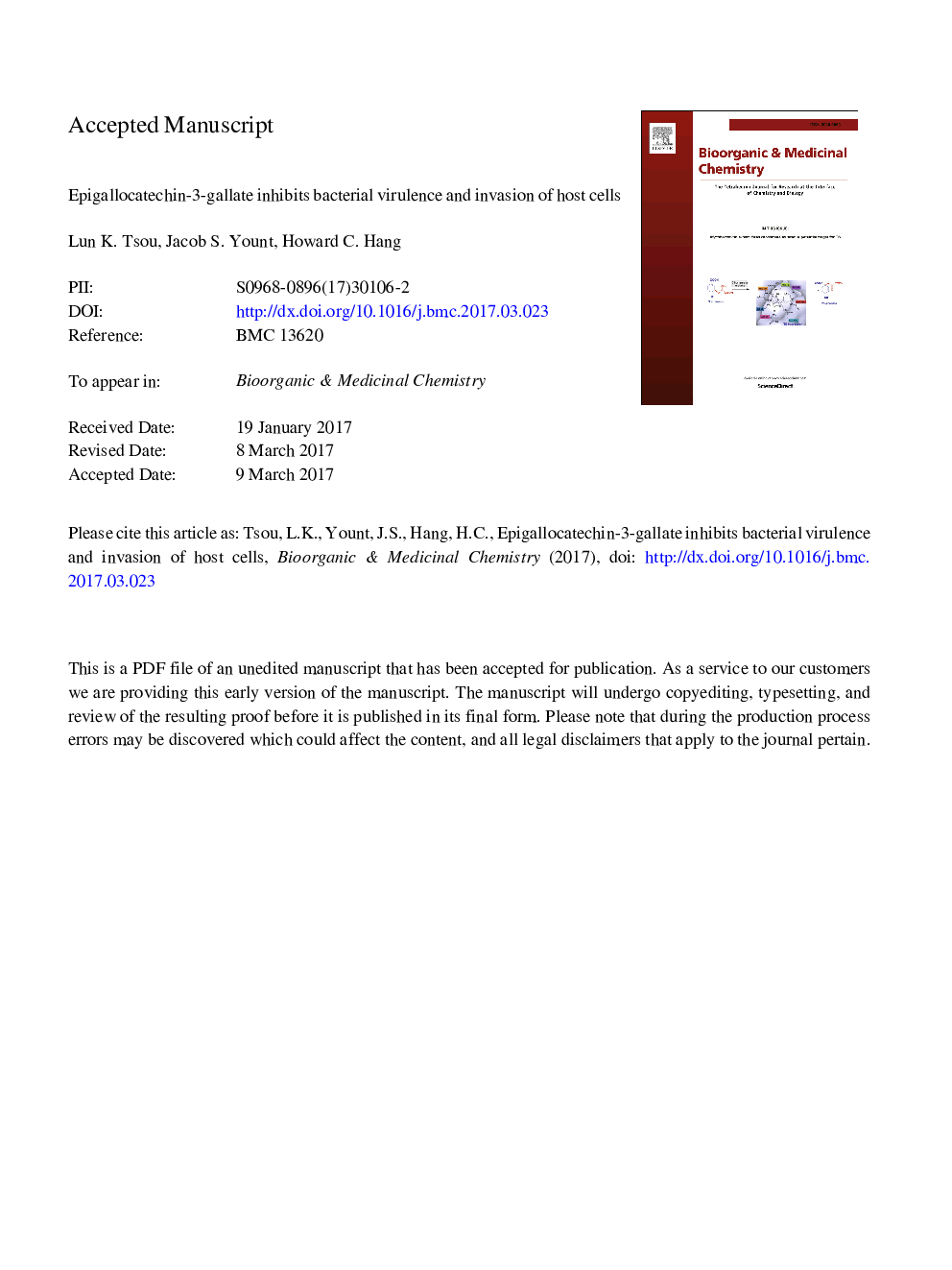 عکس صفحه اول مقاله: Epigallocatechin-3-gallate inhibits bacterial virulence and invasion of host cells Epigallocatechin-3-gallate inhibits bacterial virulence and invasion of host cells