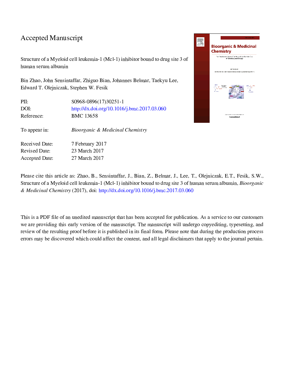 Structure of a Myeloid cell leukemia-1 (Mcl-1) inhibitor bound to drug site 3 of Human Serum Albumin