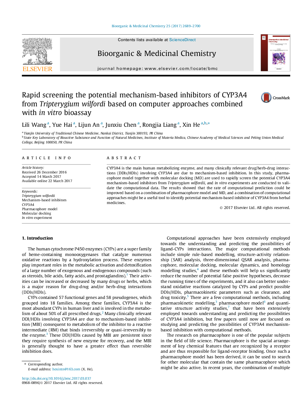 Rapid screening the potential mechanism-based inhibitors of CYP3A4 from Tripterygium wilfordi based on computer approaches combined with in vitro bioassay