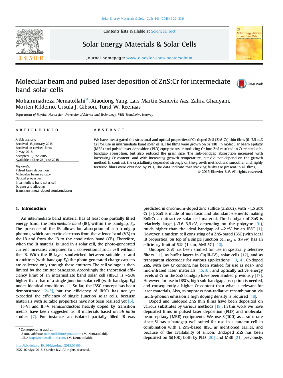 Molecular beam and pulsed laser deposition of ZnS:Cr for intermediate band solar cells