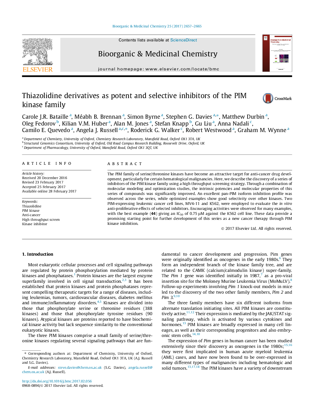 Thiazolidine derivatives as potent and selective inhibitors of the PIM kinase family