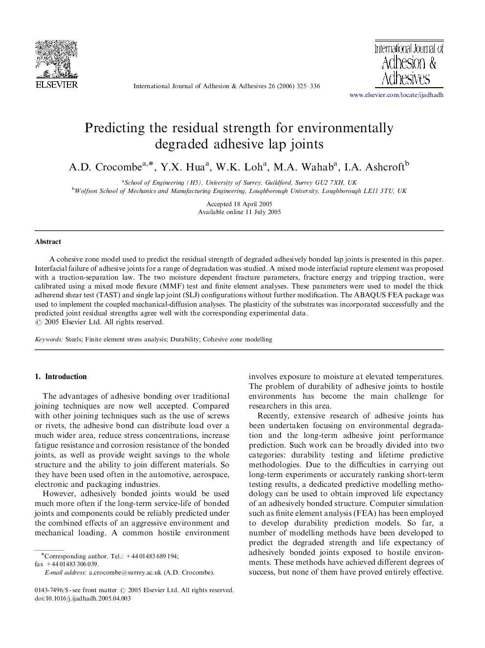 Predicting the residual strength for environmentally degraded adhesive lap joints