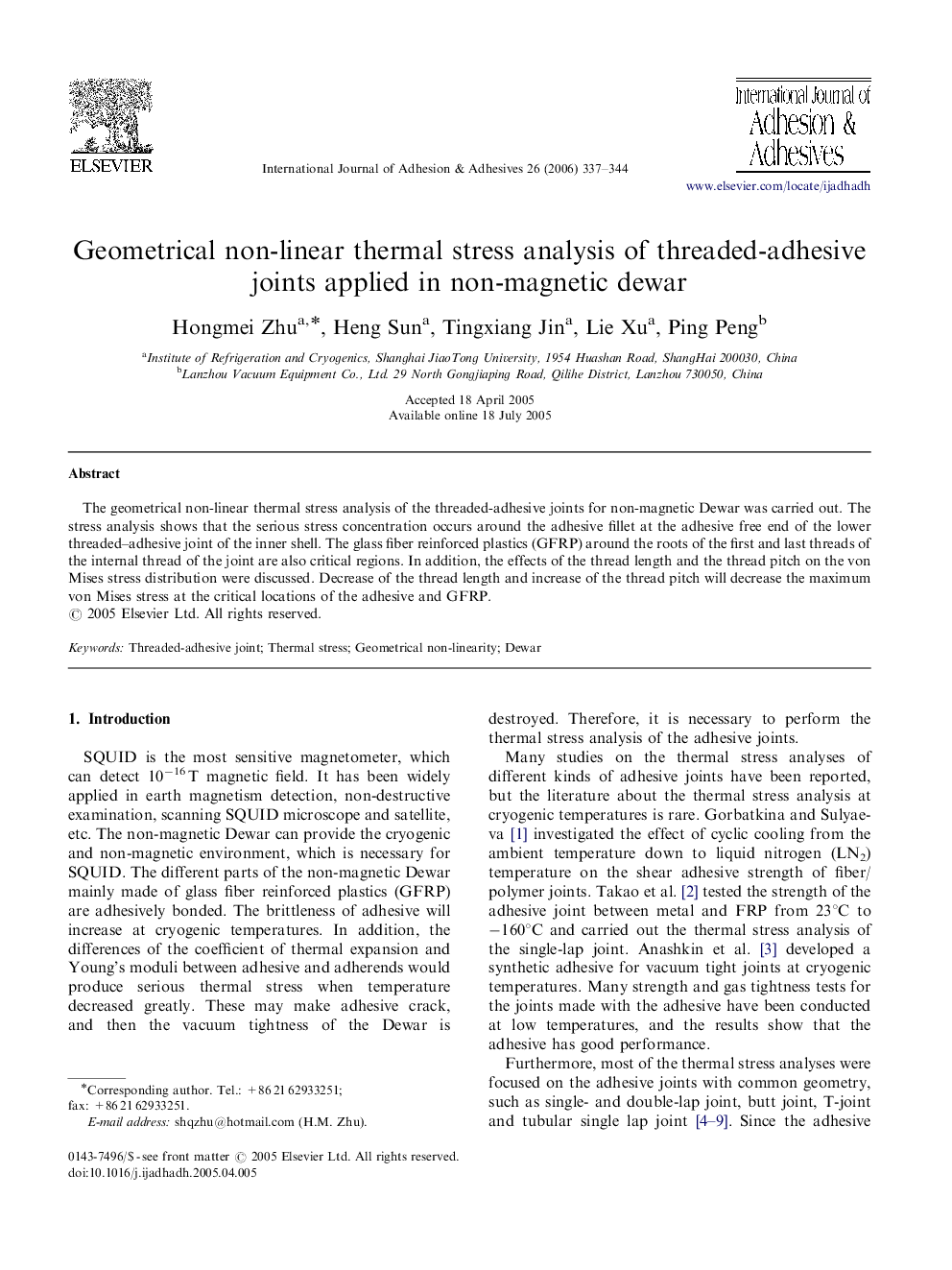 Geometrical non-linear thermal stress analysis of threaded-adhesive joints applied in non-magnetic dewar