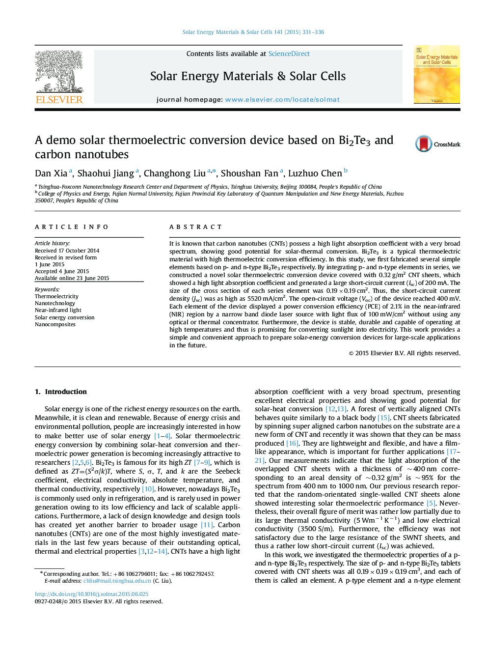 A demo solar thermoelectric conversion device based on Bi2Te3 and carbon nanotubes