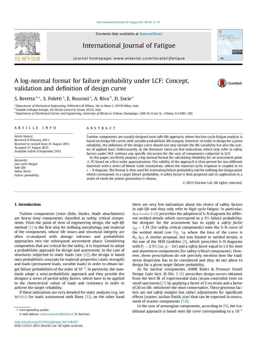 A log-normal format for failure probability under LCF: Concept, validation and definition of design curve