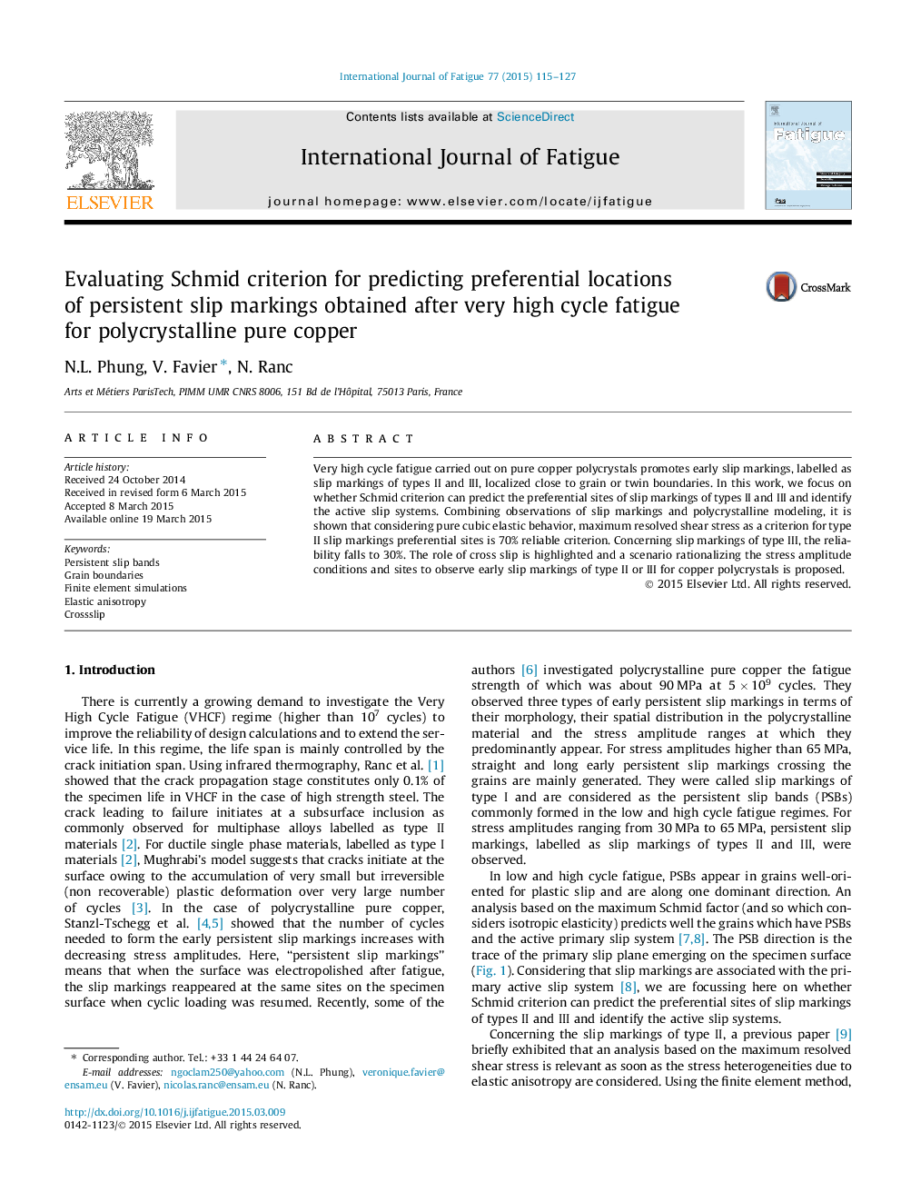 Evaluating Schmid criterion for predicting preferential locations of persistent slip markings obtained after very high cycle fatigue for polycrystalline pure copper