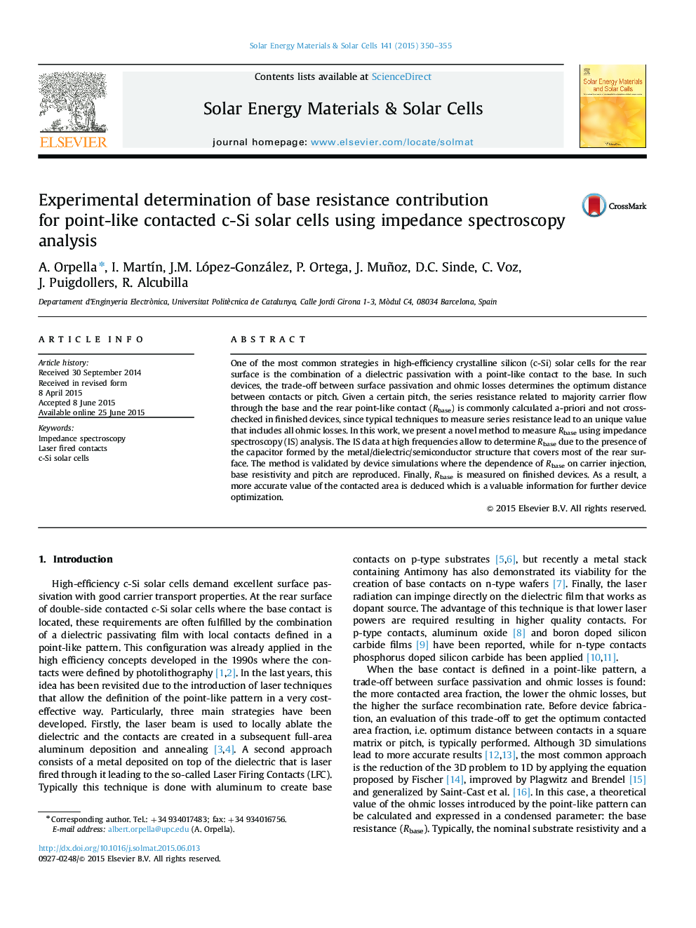 Experimental determination of base resistance contribution for point-like contacted c-Si solar cells using impedance spectroscopy analysis