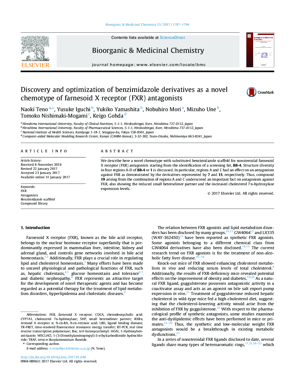 Discovery and optimization of benzimidazole derivatives as a novel chemotype of farnesoid X receptor (FXR) antagonists