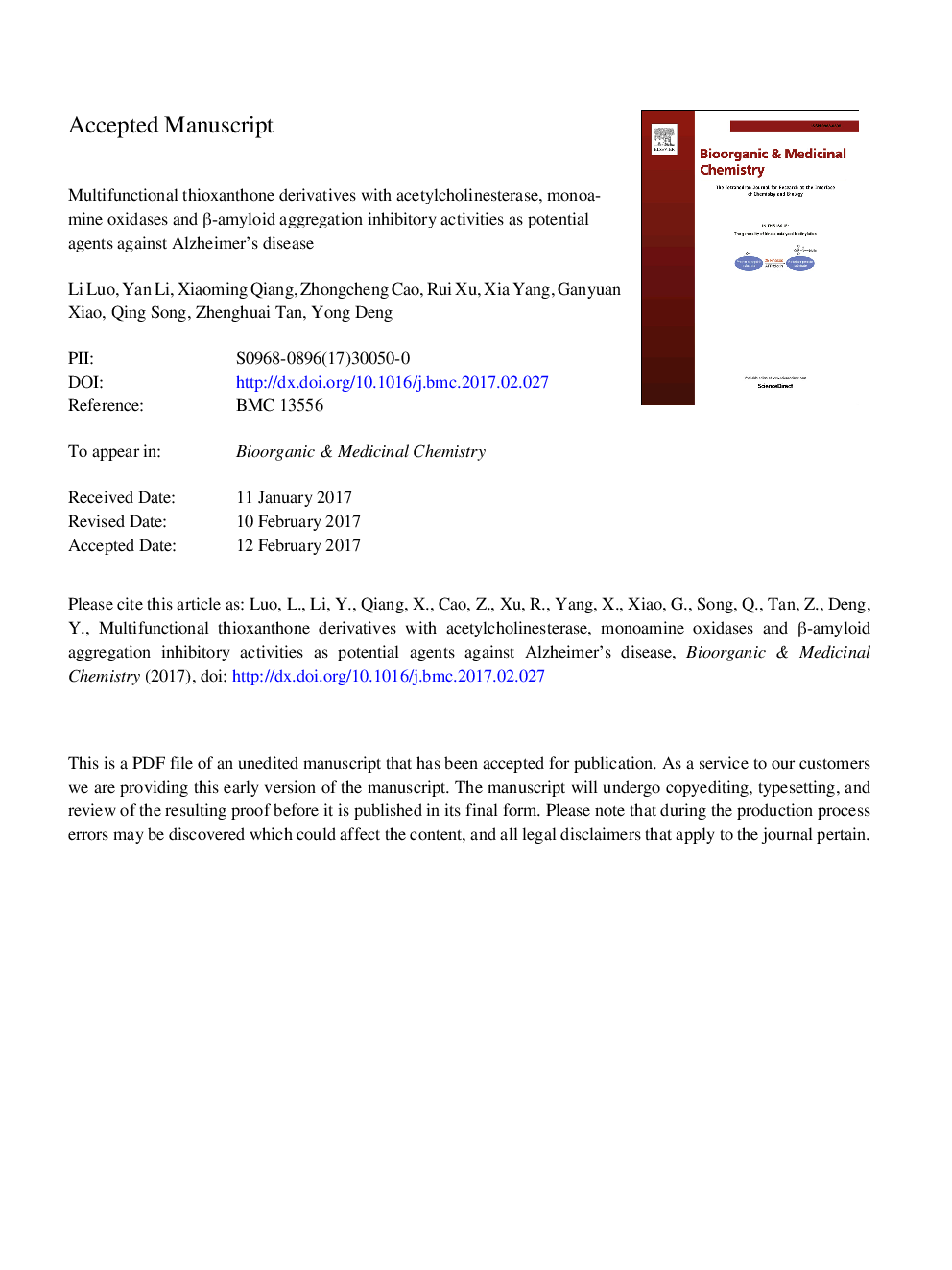 Multifunctional thioxanthone derivatives with acetylcholinesterase, monoamine oxidases and Î²-amyloid aggregation inhibitory activities as potential agents against Alzheimer's disease