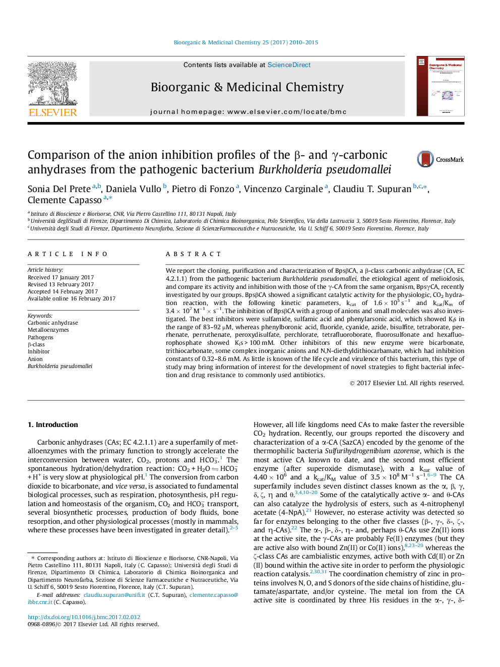 Comparison of the anion inhibition profiles of the Î²- and Î³-carbonic anhydrases from the pathogenic bacterium Burkholderia pseudomallei