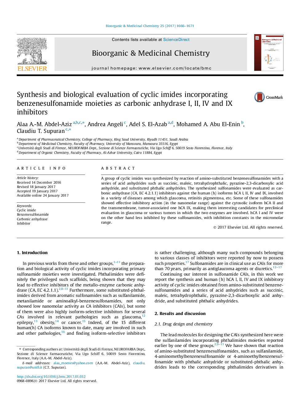 Synthesis and biological evaluation of cyclic imides incorporating benzenesulfonamide moieties as carbonic anhydrase I, II, IV and IX inhibitors