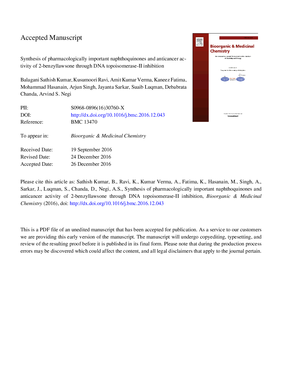 Synthesis of pharmacologically important naphthoquinones and anticancer activity of 2-benzyllawsone through DNA topoisomerase-II inhibition