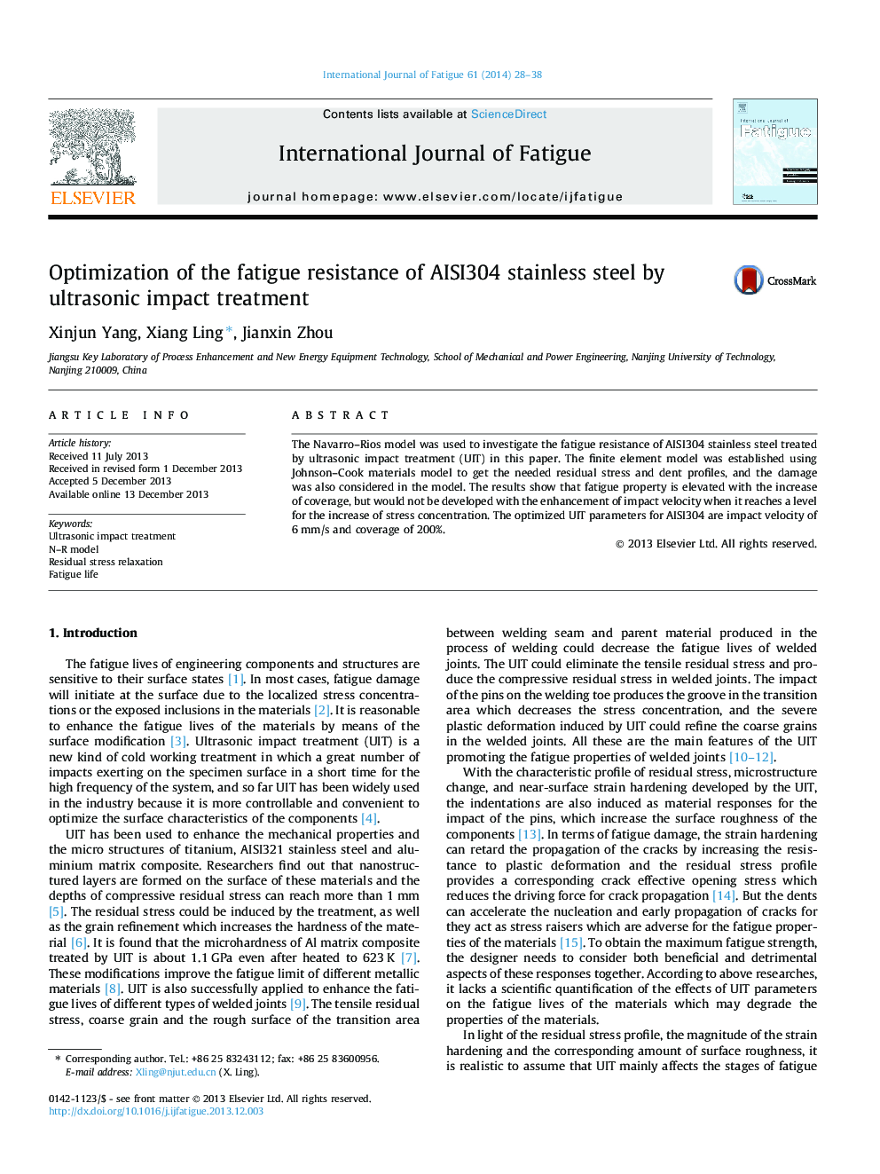 Optimization of the fatigue resistance of AISI304 stainless steel by ultrasonic impact treatment