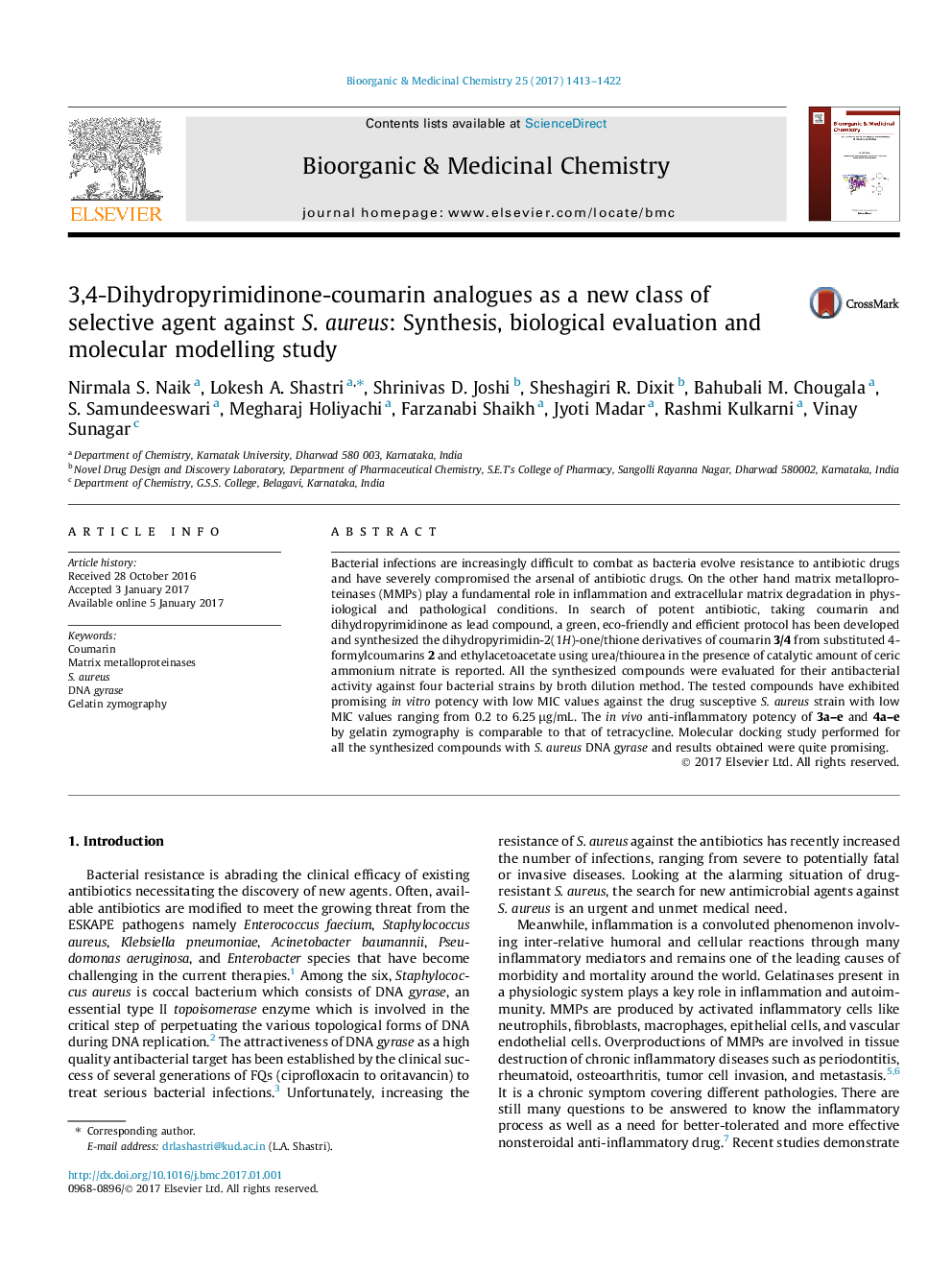 3,4-Dihydropyrimidinone-coumarin analogues as a new class of selective agent against S. aureus: Synthesis, biological evaluation and molecular modelling study